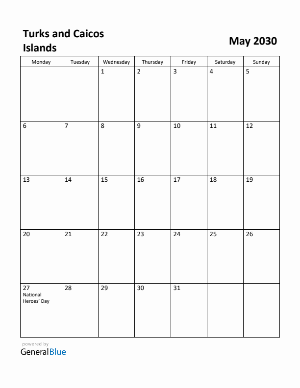 May 2030 Calendar with Turks and Caicos Islands Holidays