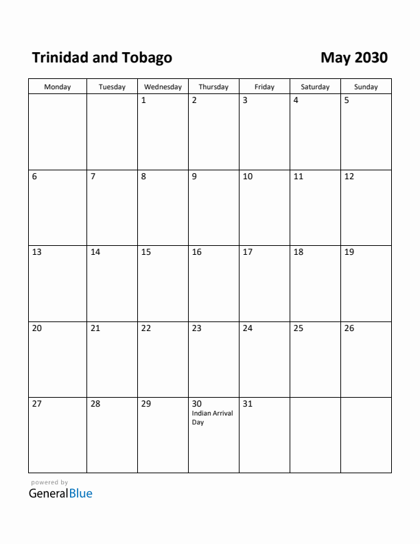May 2030 Calendar with Trinidad and Tobago Holidays