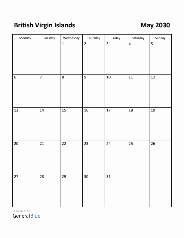May 2030 Calendar with British Virgin Islands Holidays