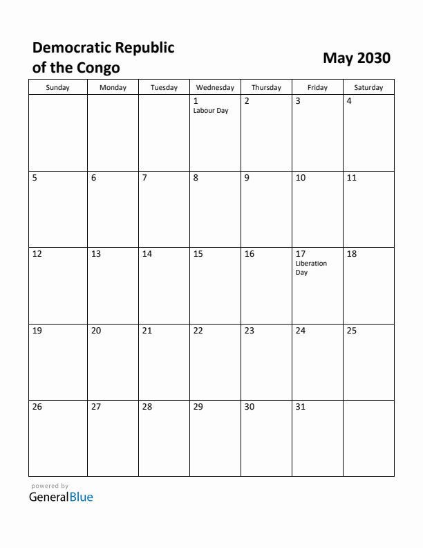 May 2030 Calendar with Democratic Republic of the Congo Holidays