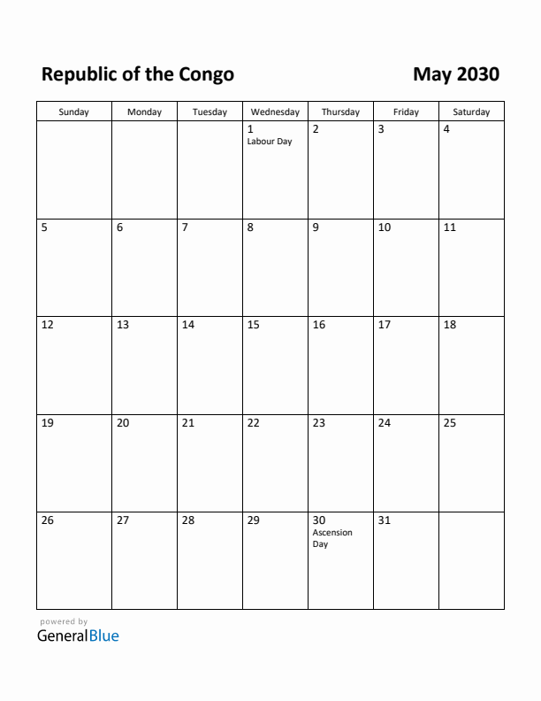 May 2030 Calendar with Republic of the Congo Holidays