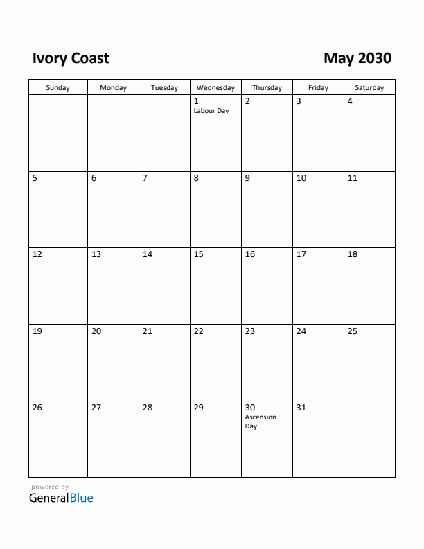 May 2030 Calendar with Ivory Coast Holidays