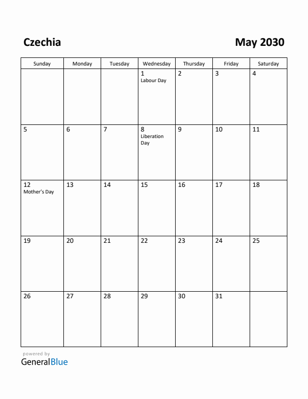 May 2030 Calendar with Czechia Holidays