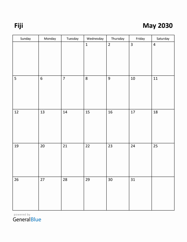 May 2030 Calendar with Fiji Holidays