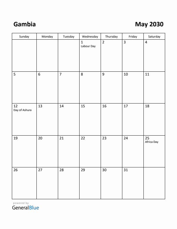 May 2030 Calendar with Gambia Holidays