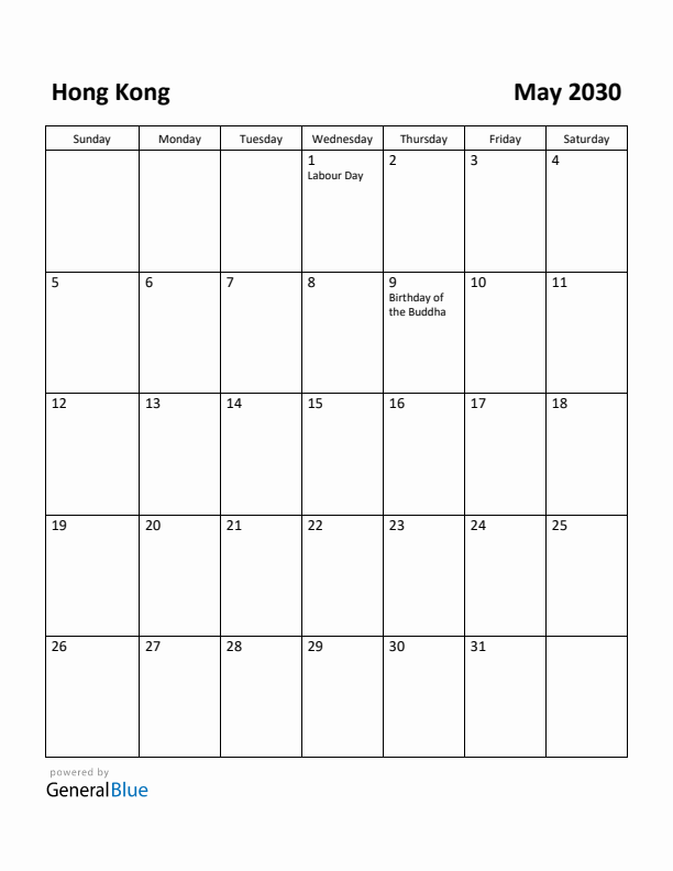 May 2030 Calendar with Hong Kong Holidays