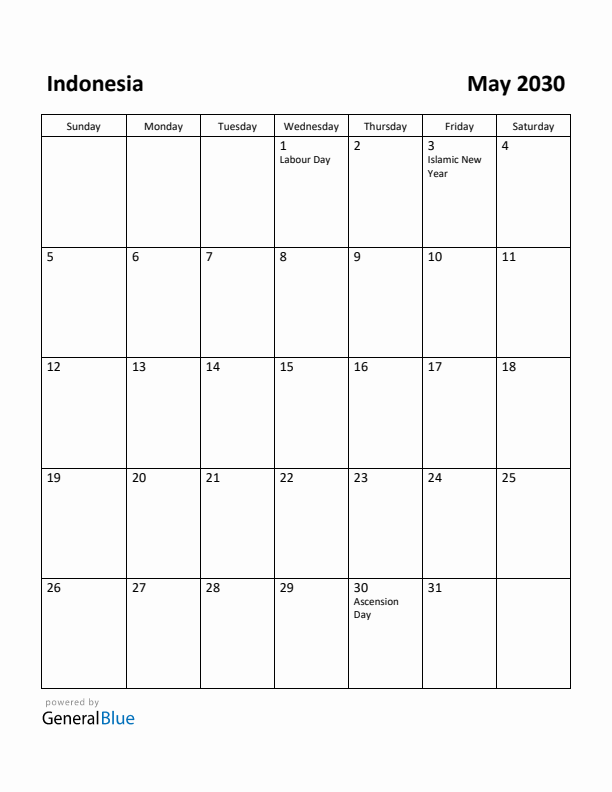 May 2030 Calendar with Indonesia Holidays