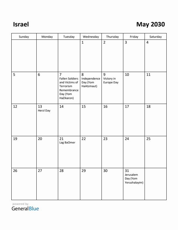 May 2030 Calendar with Israel Holidays