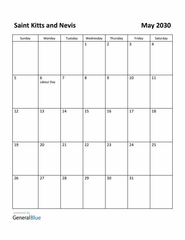 May 2030 Calendar with Saint Kitts and Nevis Holidays
