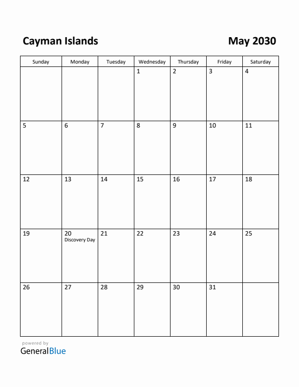 May 2030 Calendar with Cayman Islands Holidays