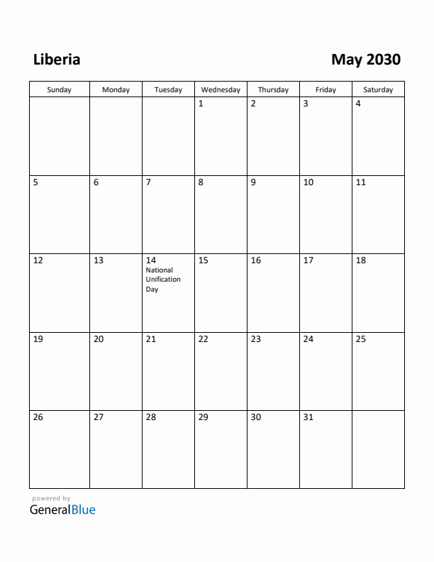 May 2030 Calendar with Liberia Holidays