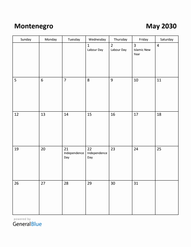 May 2030 Calendar with Montenegro Holidays