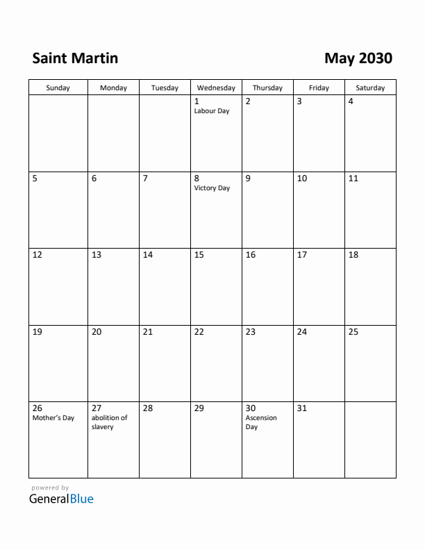 May 2030 Calendar with Saint Martin Holidays