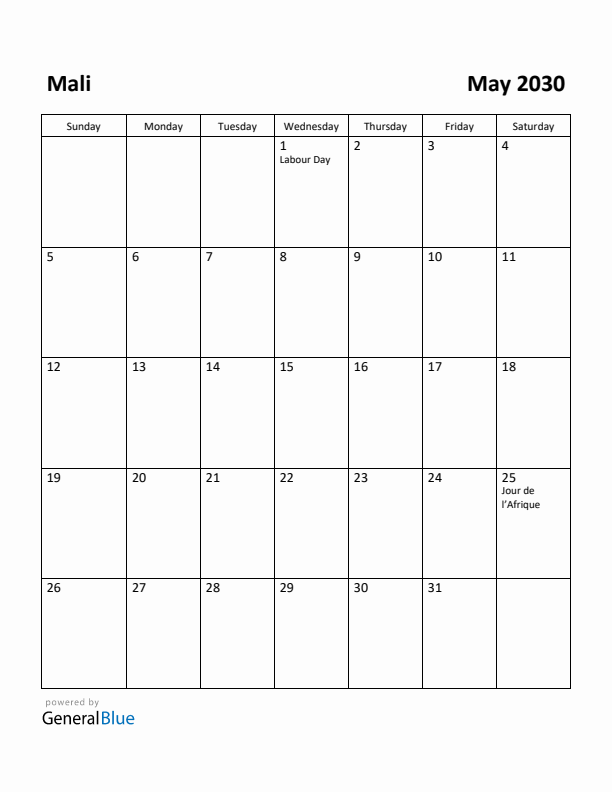 May 2030 Calendar with Mali Holidays