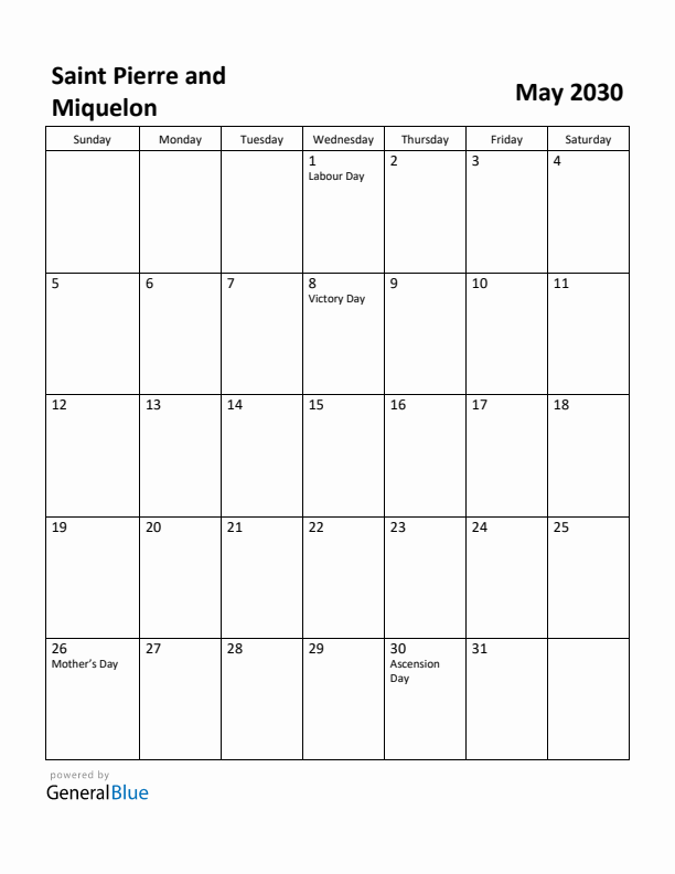 May 2030 Calendar with Saint Pierre and Miquelon Holidays