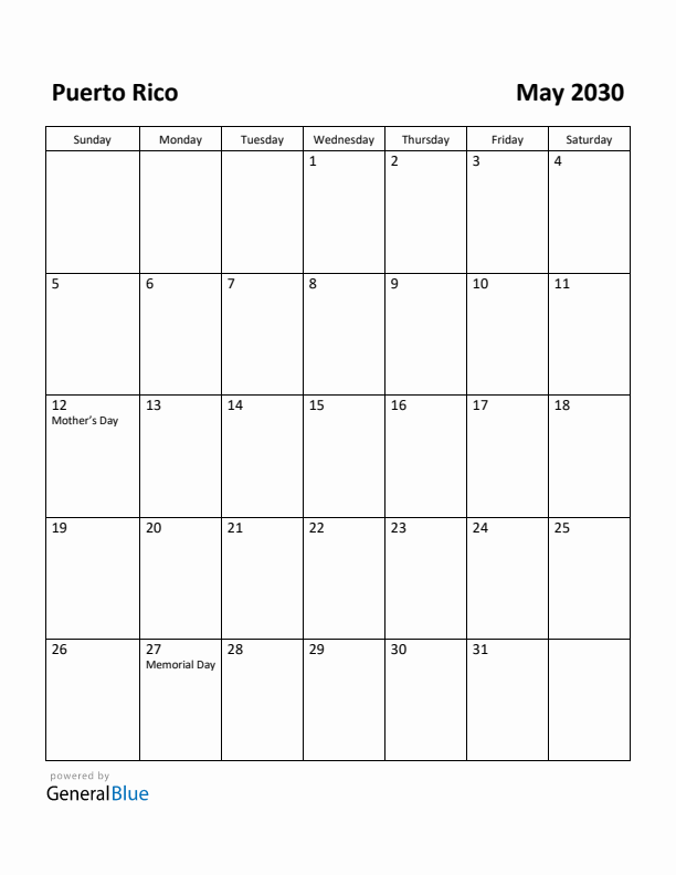 May 2030 Calendar with Puerto Rico Holidays