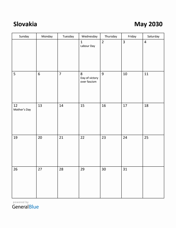May 2030 Calendar with Slovakia Holidays