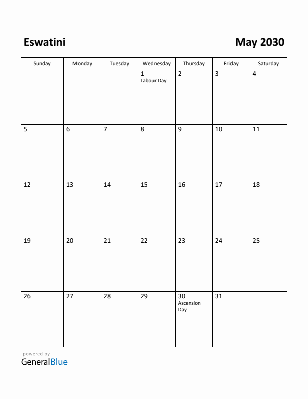 May 2030 Calendar with Eswatini Holidays