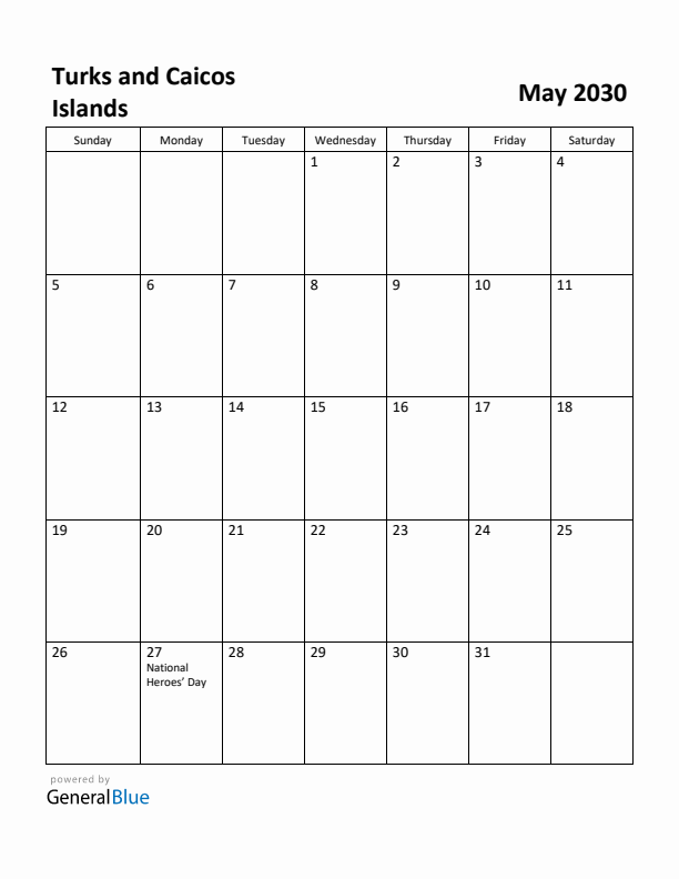 May 2030 Calendar with Turks and Caicos Islands Holidays