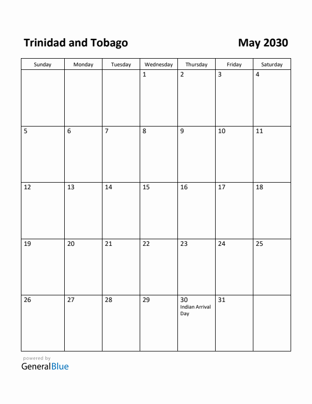 May 2030 Calendar with Trinidad and Tobago Holidays