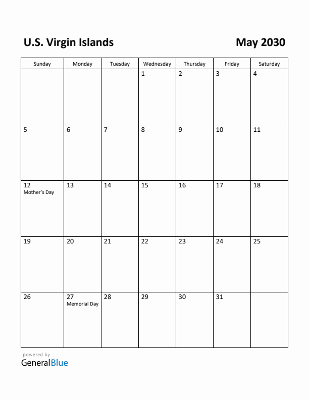 May 2030 Calendar with U.S. Virgin Islands Holidays