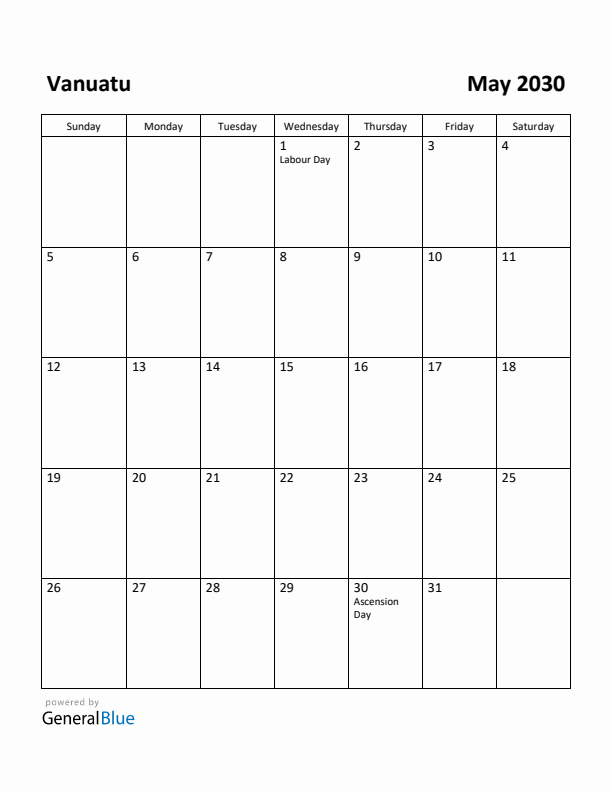 May 2030 Calendar with Vanuatu Holidays