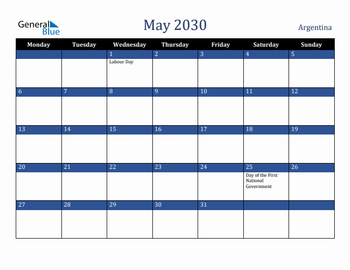 May 2030 Argentina Calendar (Monday Start)