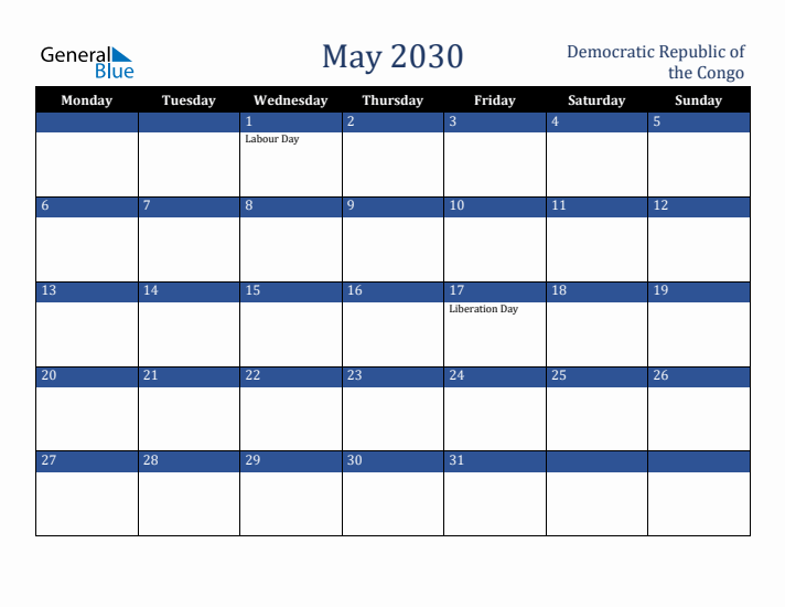 May 2030 Democratic Republic of the Congo Calendar (Monday Start)