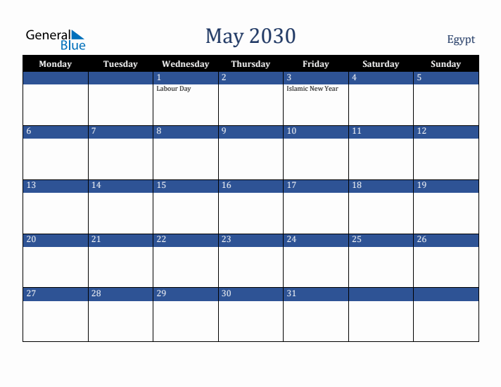 May 2030 Egypt Calendar (Monday Start)