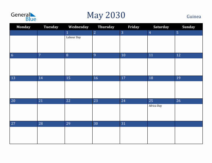 May 2030 Guinea Calendar (Monday Start)