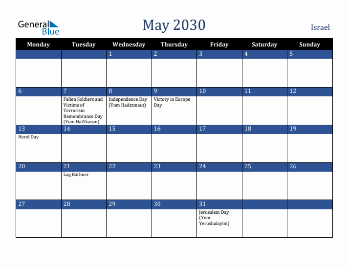 May 2030 Israel Calendar (Monday Start)