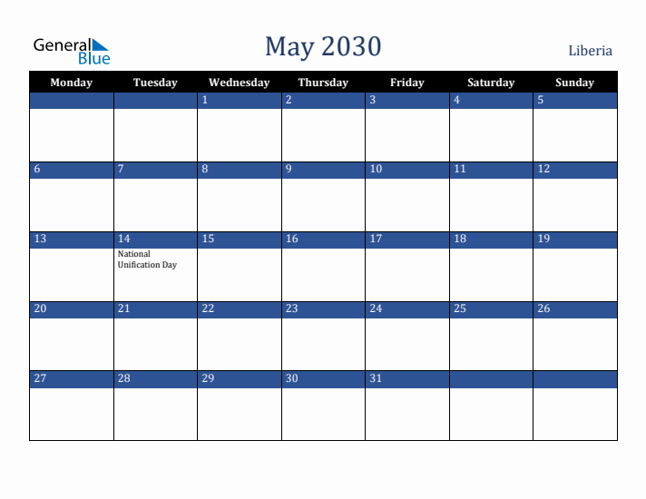 May 2030 Liberia Calendar (Monday Start)