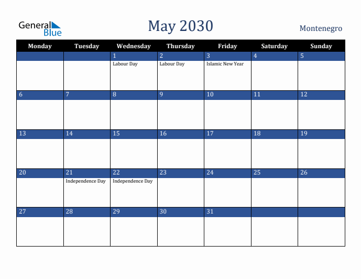 May 2030 Montenegro Calendar (Monday Start)