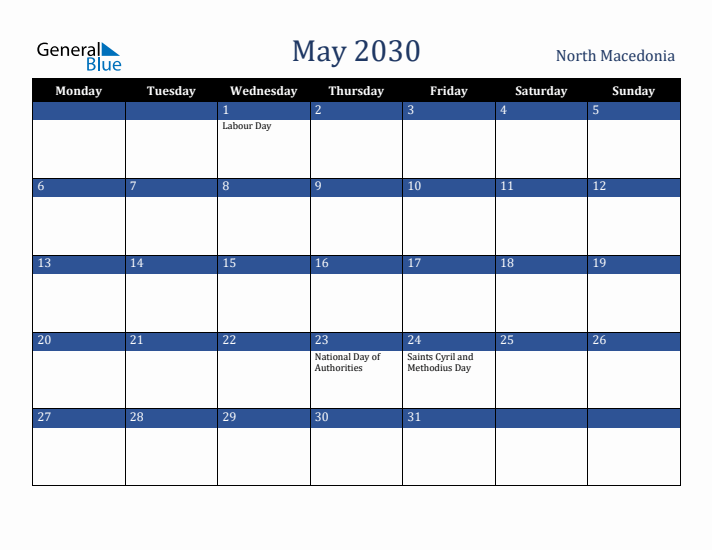 May 2030 North Macedonia Calendar (Monday Start)