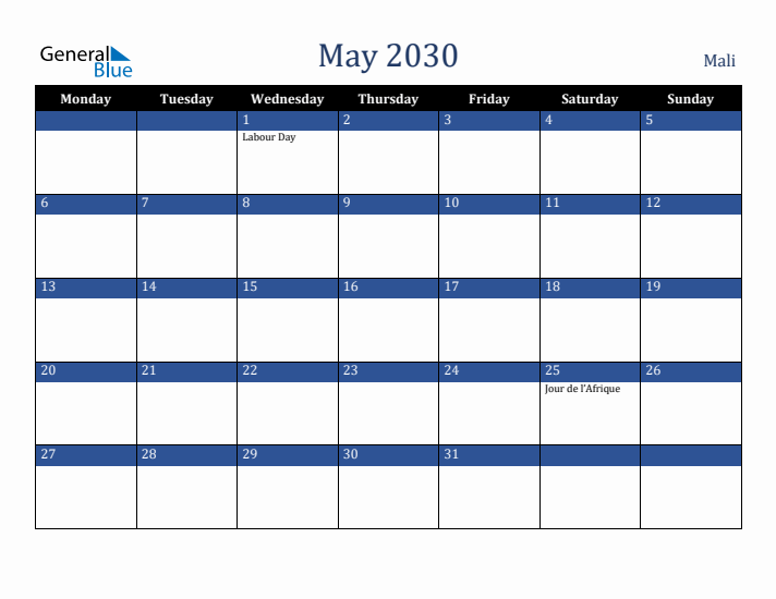 May 2030 Mali Calendar (Monday Start)