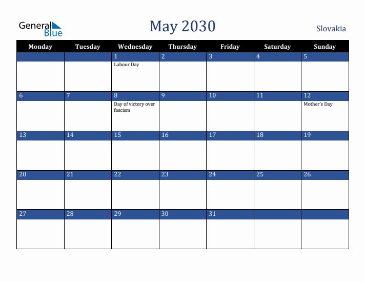 May 2030 Slovakia Calendar (Monday Start)