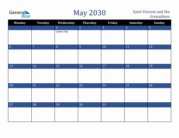 May 2030 Saint Vincent and the Grenadines Calendar (Monday Start)