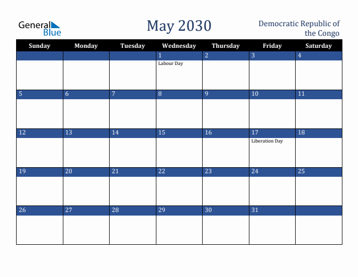 May 2030 Democratic Republic of the Congo Calendar (Sunday Start)