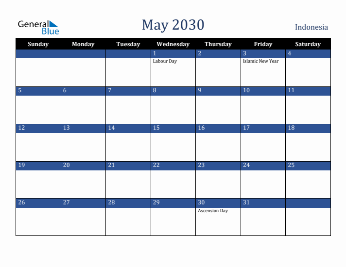 May 2030 Indonesia Calendar (Sunday Start)