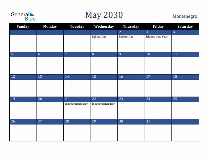 May 2030 Montenegro Calendar (Sunday Start)