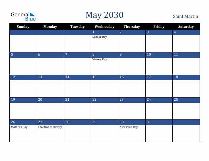 May 2030 Saint Martin Calendar (Sunday Start)