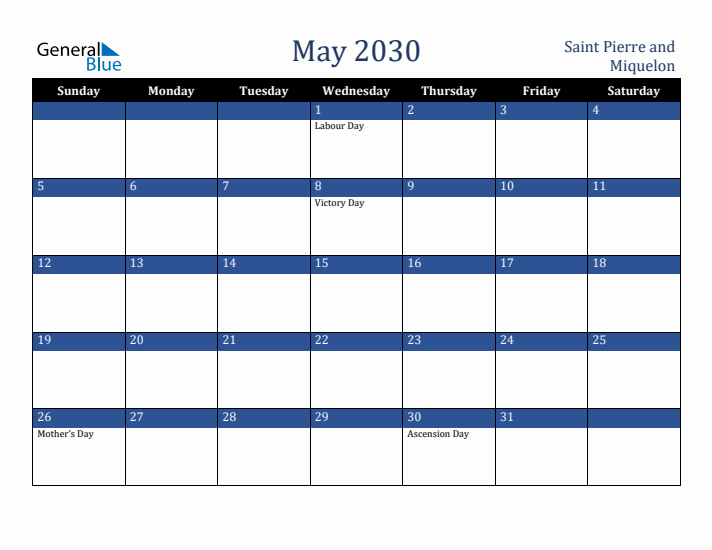 May 2030 Saint Pierre and Miquelon Calendar (Sunday Start)