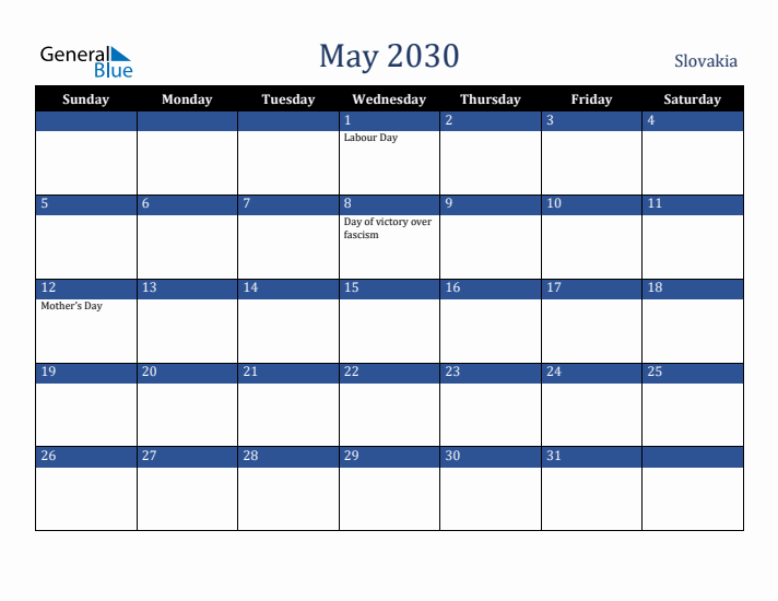 May 2030 Slovakia Calendar (Sunday Start)