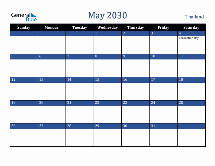 May 2030 Thailand Calendar (Sunday Start)