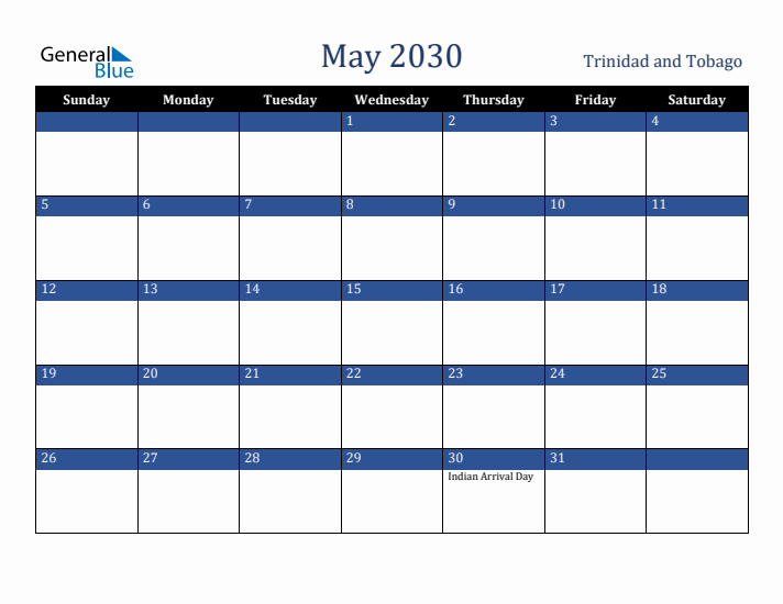 May 2030 Trinidad and Tobago Calendar (Sunday Start)