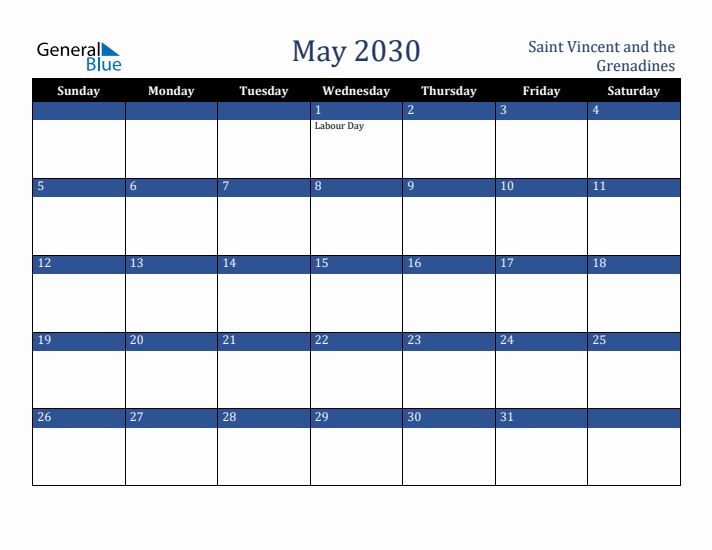 May 2030 Saint Vincent and the Grenadines Calendar (Sunday Start)