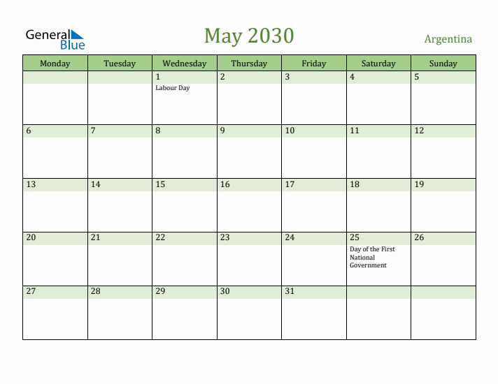 May 2030 Calendar with Argentina Holidays