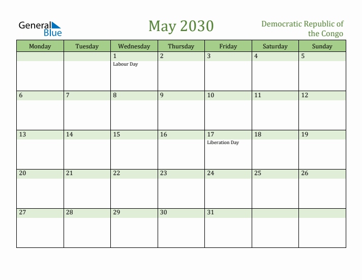 May 2030 Calendar with Democratic Republic of the Congo Holidays