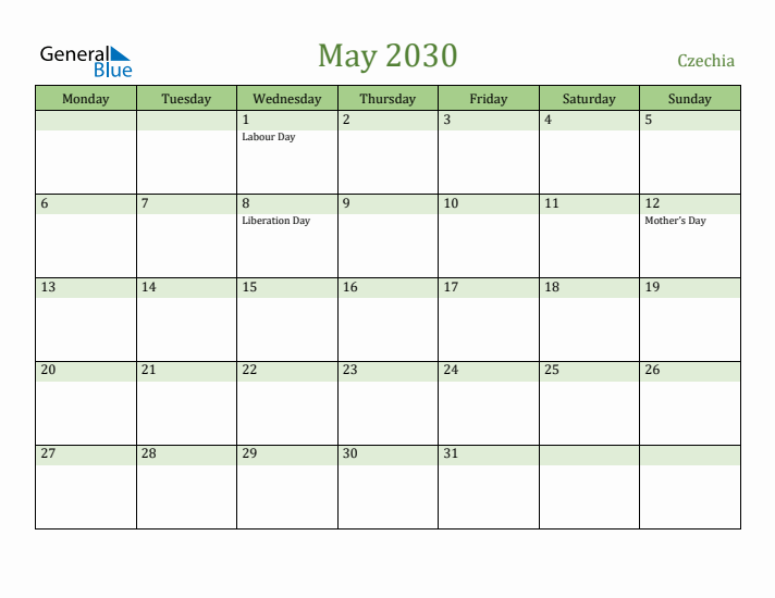 May 2030 Calendar with Czechia Holidays