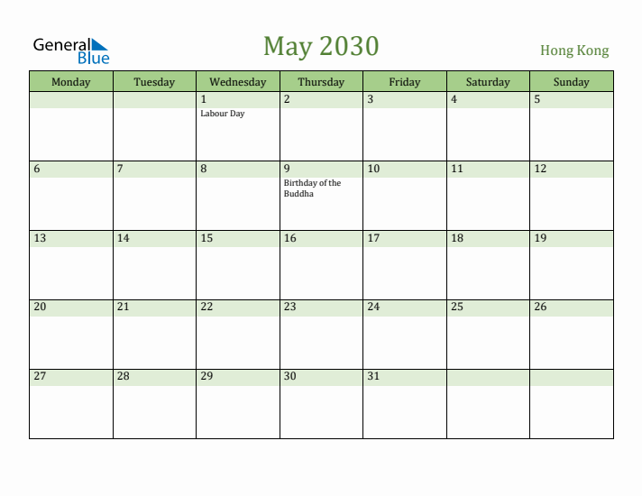 May 2030 Calendar with Hong Kong Holidays